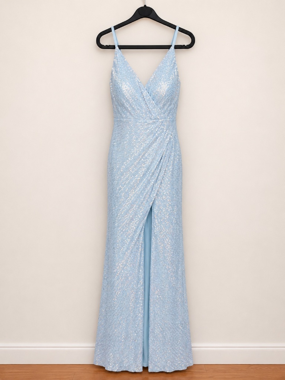 Speechless Women's Sky Blue Sequin V-Neck Maxi Gown Dress Size 1 Side Slit